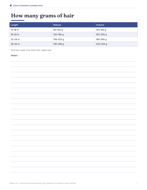 Preview of Printable Hair Extensions Grams Guide