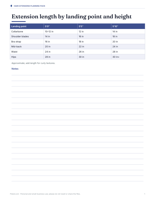 Preview of Printable Hair Extensions Length Chart